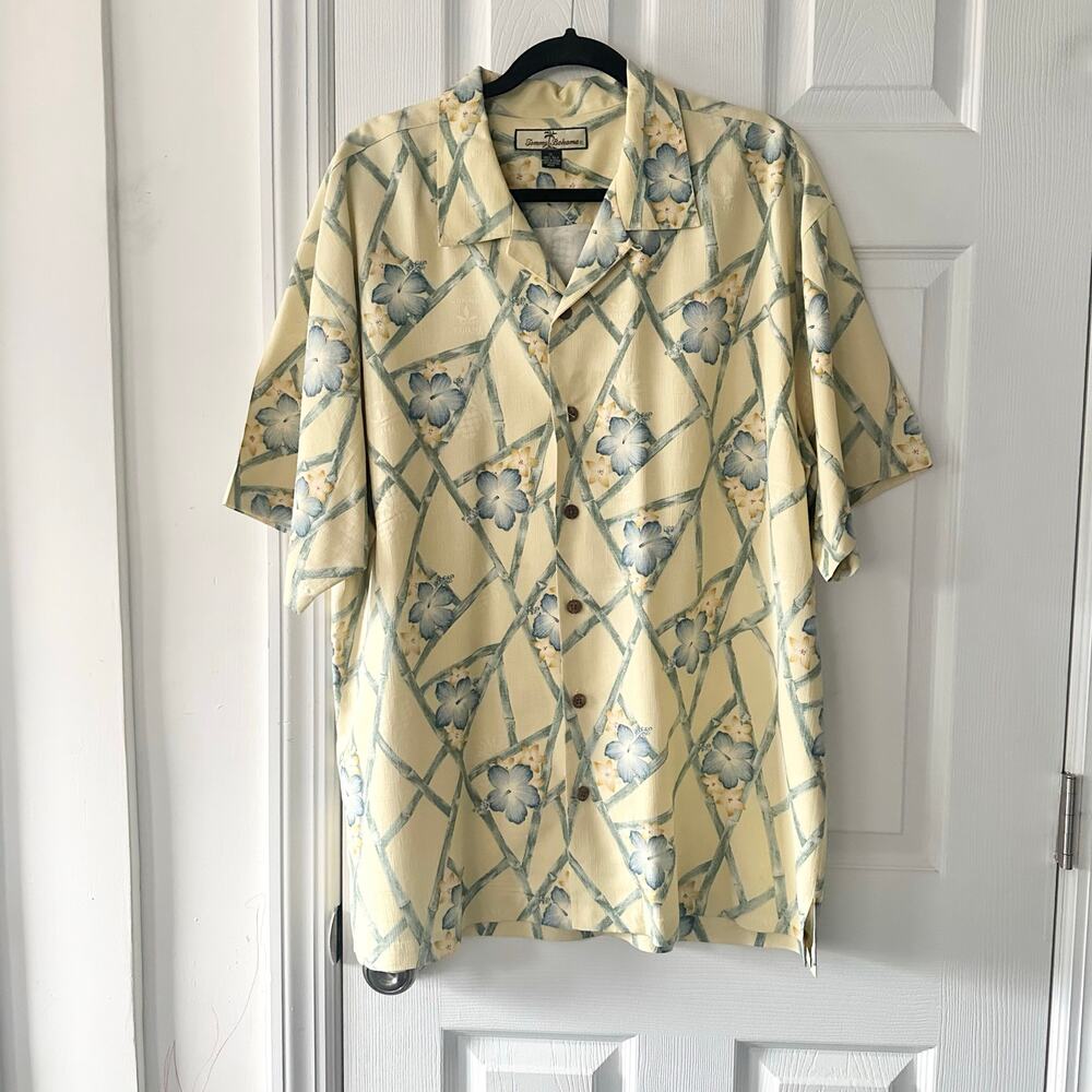 Tommy Bahama Yellow Hibiscus Floral Bamboo Print Silk Button Hawaiian Shirt XL